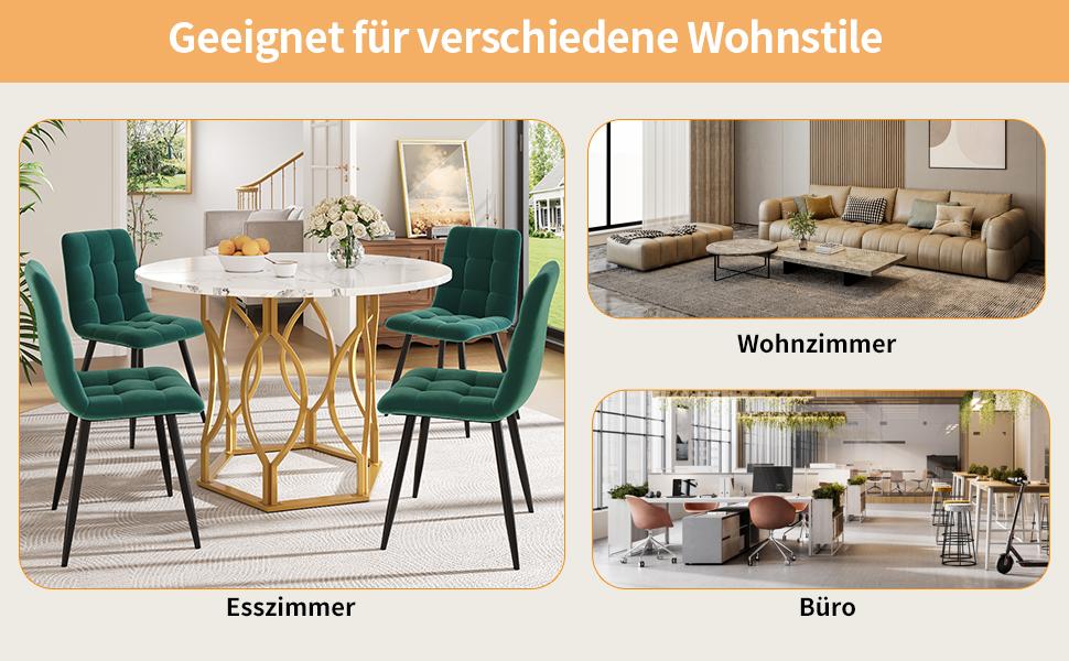 Esstischset (5-teilig), runder Esstisch mit 100 cm Durchmesser und goldenen Metallbeinen, weiße MDF-Tischplatte, Essstühle aus dunkelgrünem Samt