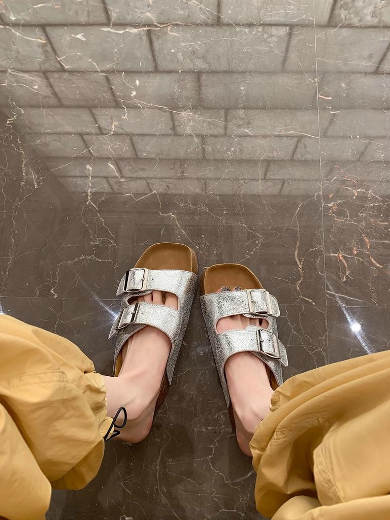 Cowhide Lazy One-pedal Double-breasted Beach Thick-bottomed Sandals for Women's Summer Wear