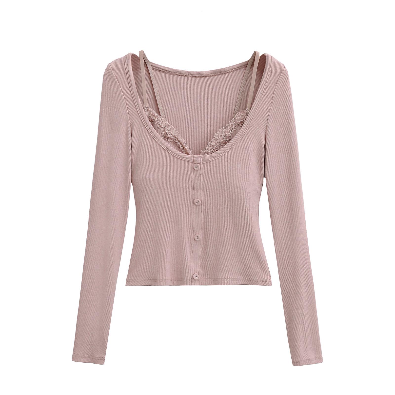 

Женская приталенная футболка с длинным рукавом и кружевной отделкой, весна 2025 Medium