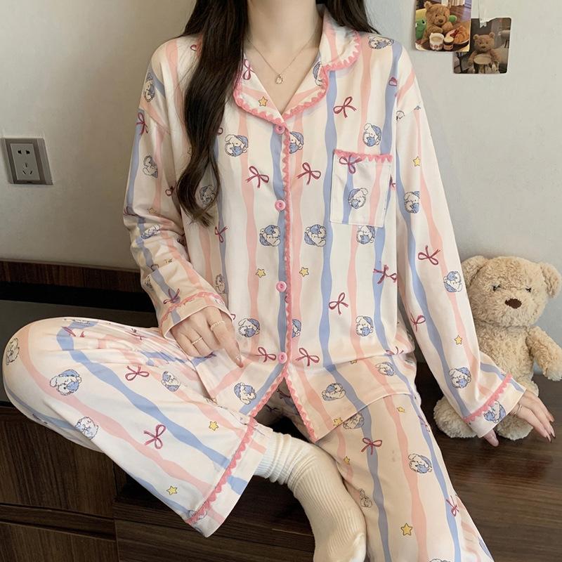 Roter gepunkteter Pyjama Damen High-End Frühling und Herbst Cartoon Muschel bestickter Rand Langarm Loungewear Set