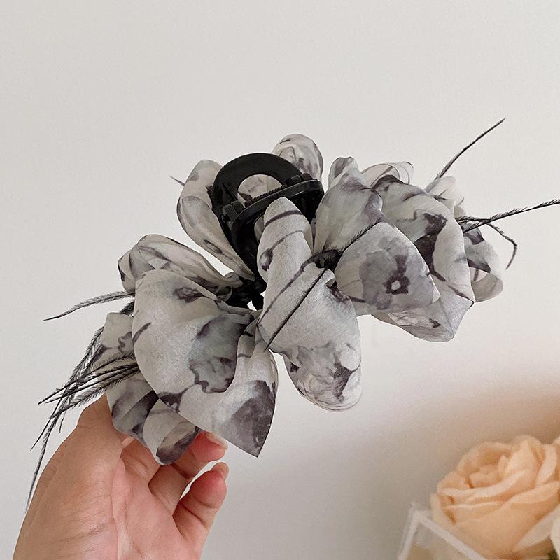 

2024 New Style Ink Wash Chiffon Bow Hair Clip for Women - Feather Shark Clip