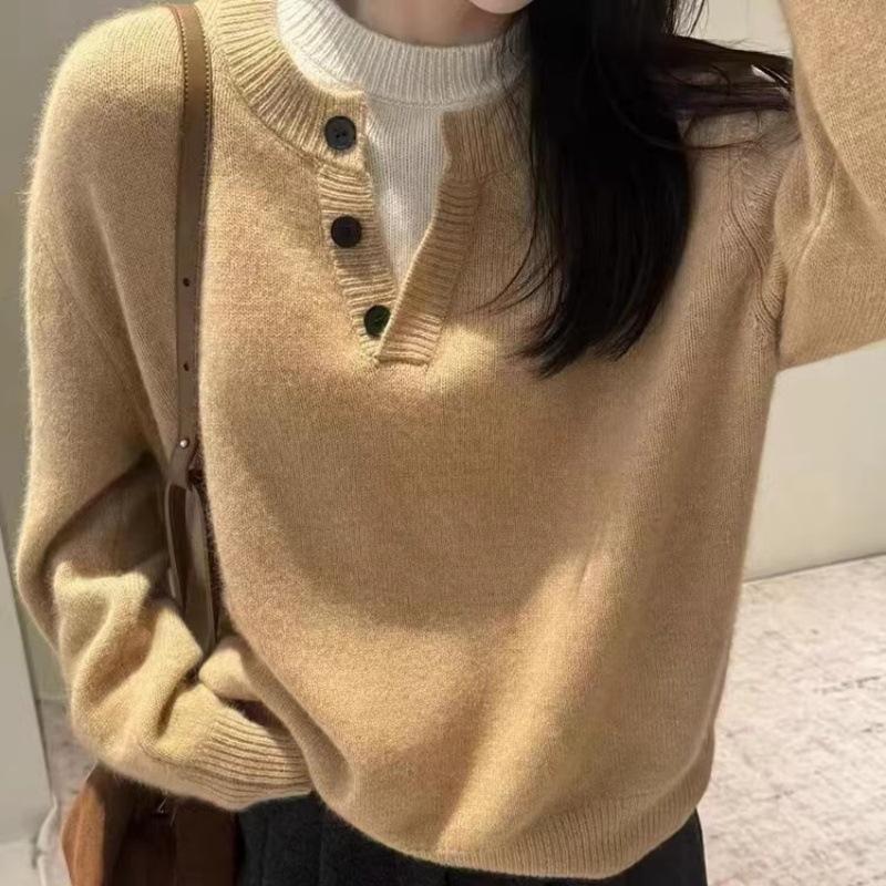 Women's Half-Zip Pure Wool Knit Sweater – Loose Two-Piece Design for Autumn/Winter