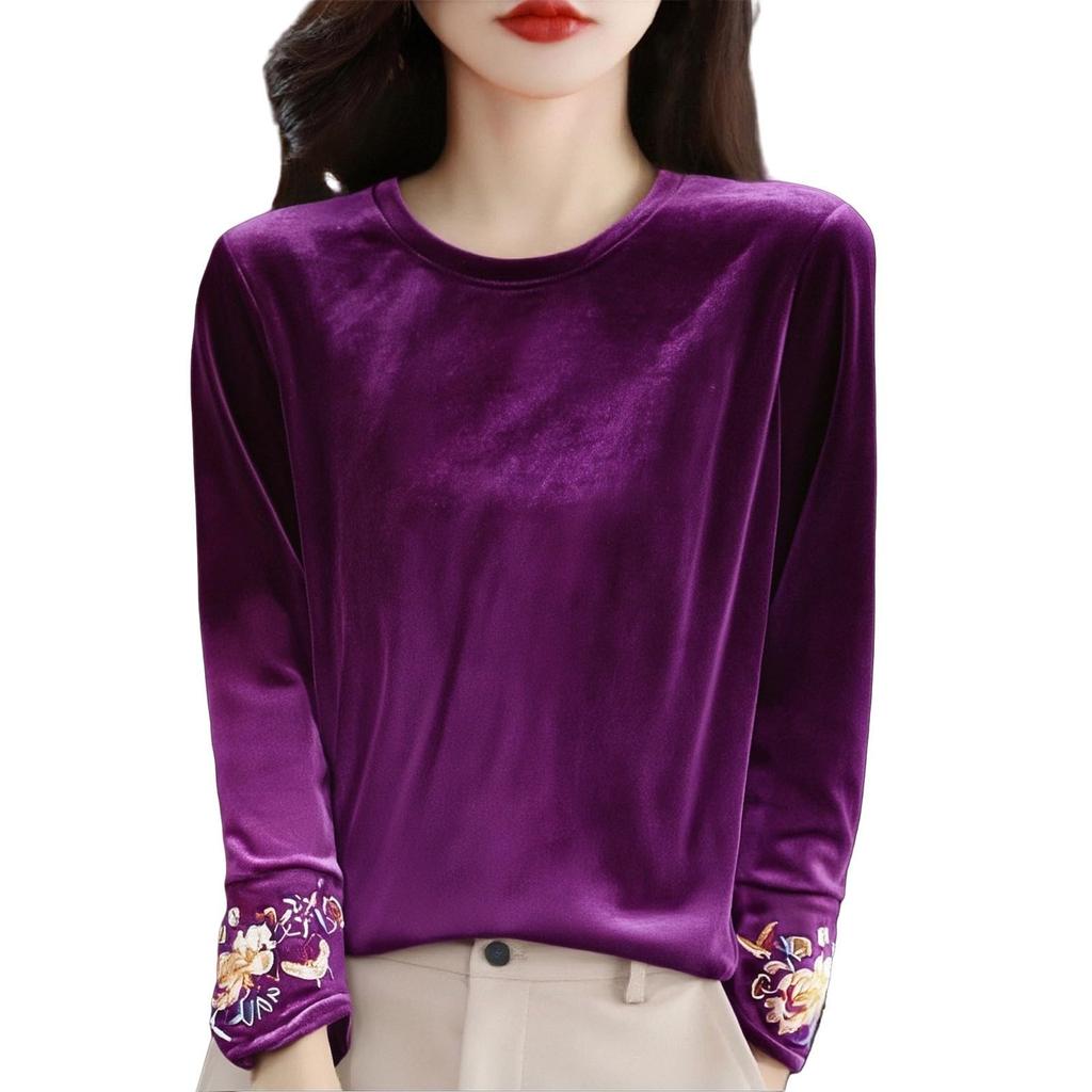 Women's Fashion Round Neck Velvet Undershirt, Loose T-Shirt Top For Layering
