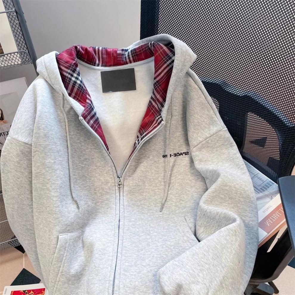2024 Autumn/Winter Designer Fleece-Lined Retro Plaid Patchwork Hoodie