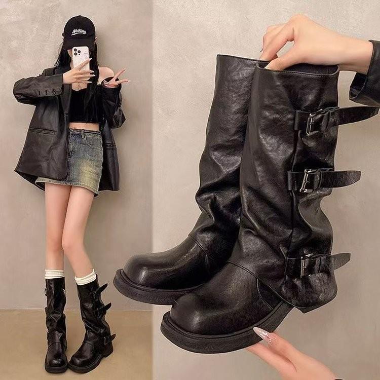 Temperament but knee Martin boots women's autumn and winter new long boots thick sole heightened pleated design knight boots