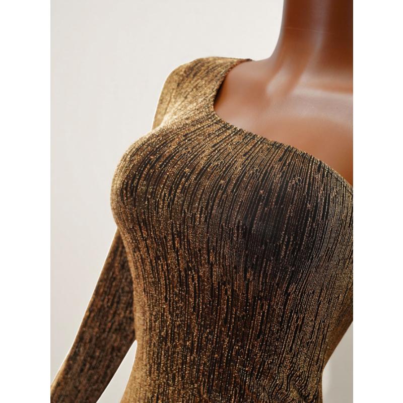 Women's Spring Autumn New Sexy Sequin One Shoulder Mini Dress Long Sleeve Ruched Bodycon Slim Fit Elegant Evening Party Night Club Cocktail Dress