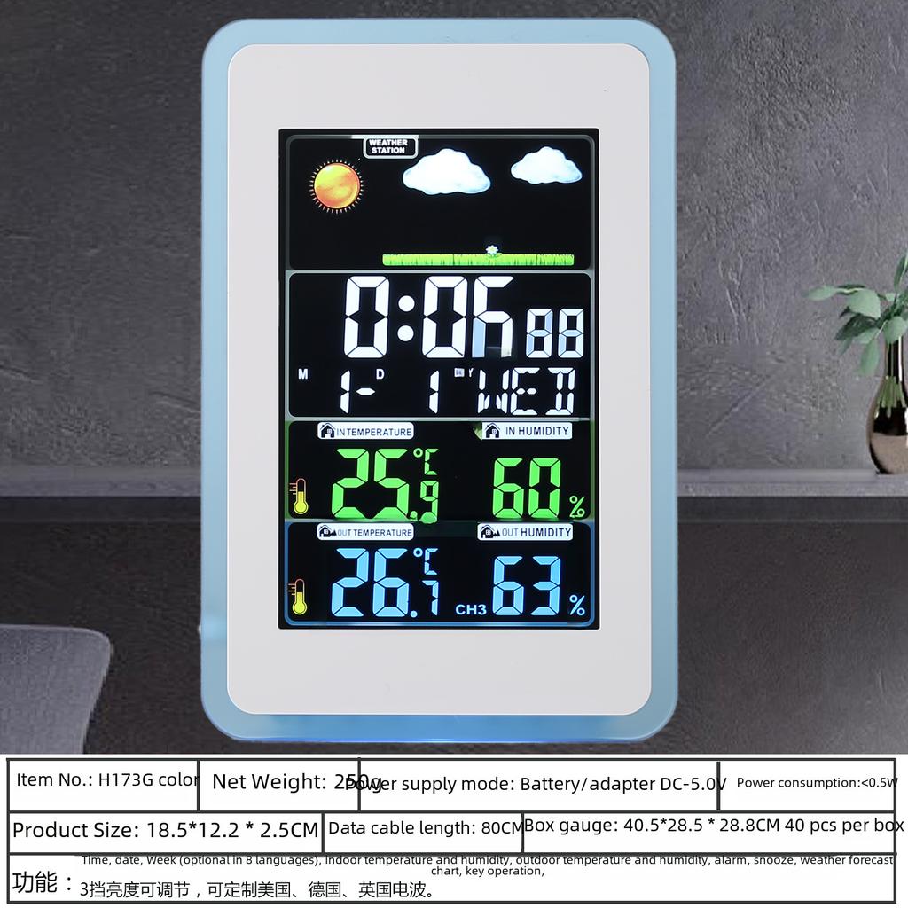 "433MHz bezdrátové hodiny předpovědi počasí s barevným displejem, vnitřní/venkovní monitorování teploty a vlhkosti a duální alarm"