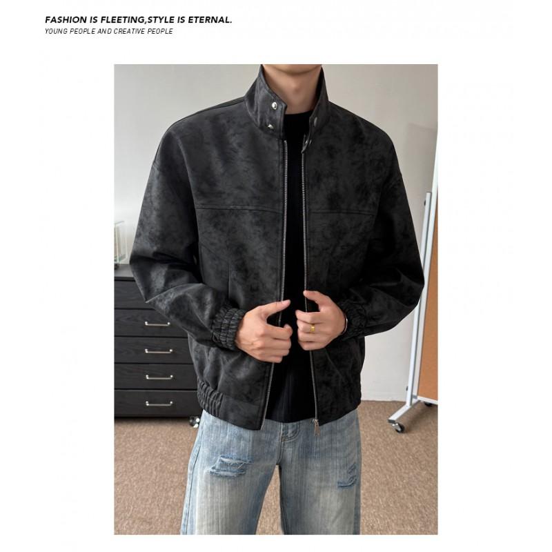 Mens Gray Tie-Dye PU Leather Jacket Stand Collar Zip Up Loose Fit Casual Fall Coat