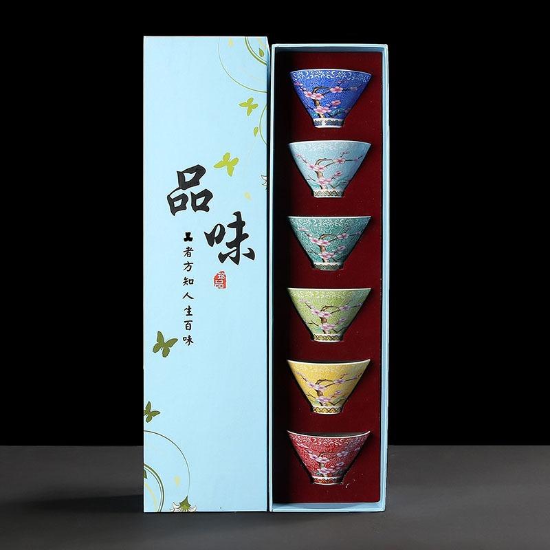 6Cups Ceramic Small Tea Bowl Hand Drawn Peach Flower Tea Cup Outfit Chinese Kungfu Tea Set Ceremony Mug