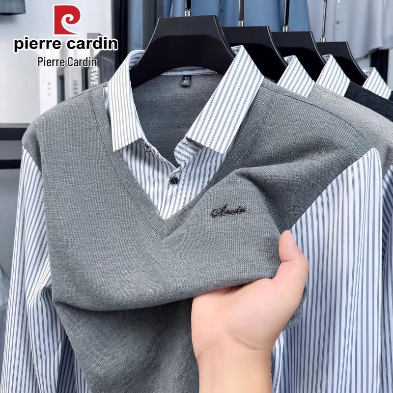 Pierre Cardin Men's Faux Two-Piece Long Sleeve Shirt Collar Sweater
