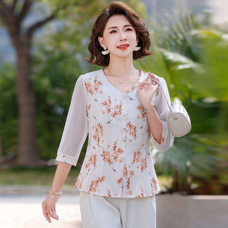 Elegant Summer Short-Sleeved Top for Middle-Aged Women