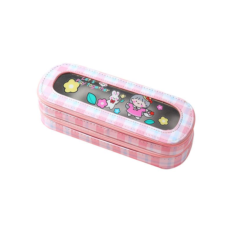 Large Capacity Transparent Cartoon Pencil Case for Girls with Double-Layer Design, Ideal for Elementary School Students