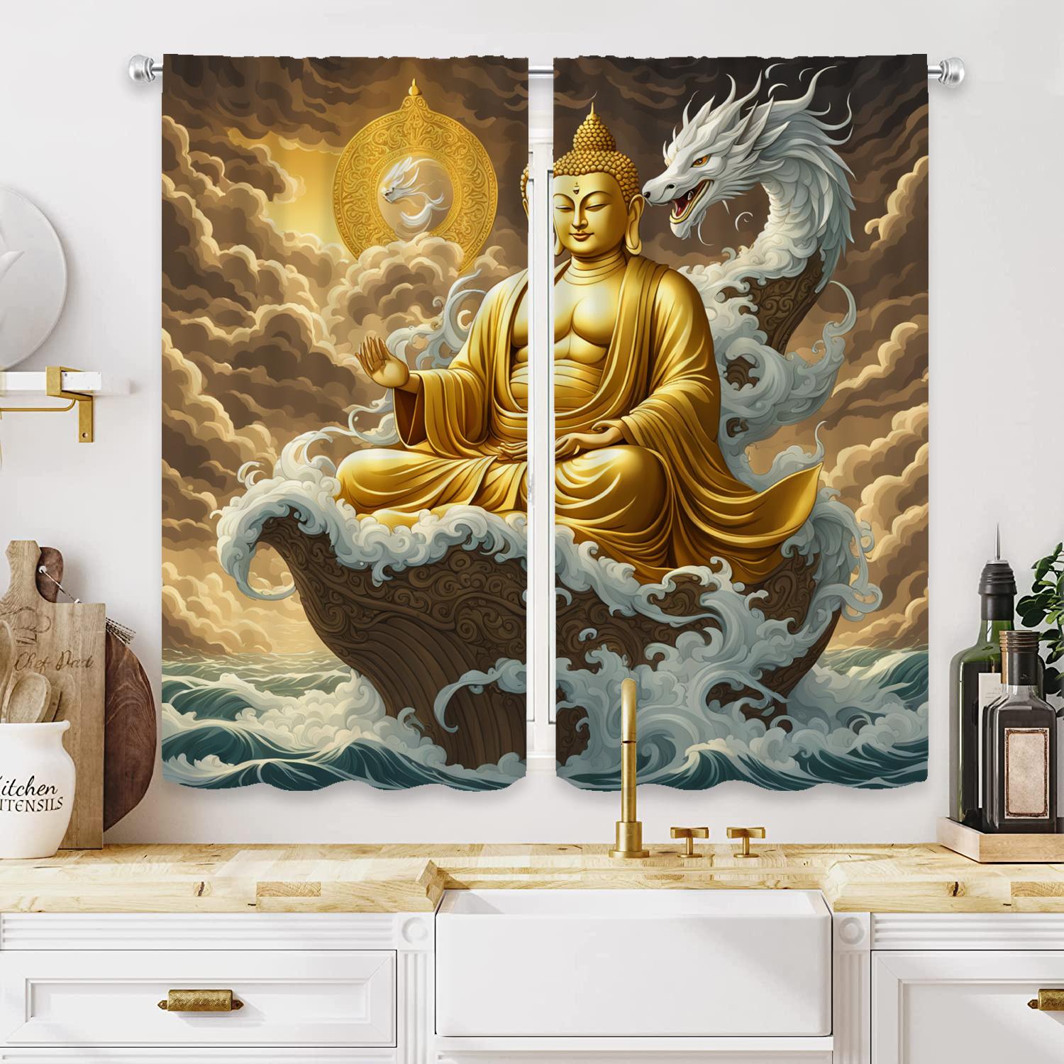 

Buddha Lotus Dragon Curtains 2-Pack HD Digital Print with Bamboo Weave Plant Accents for Living Room Bedroom Study Decor 100*130 Grommet Top 1pcs