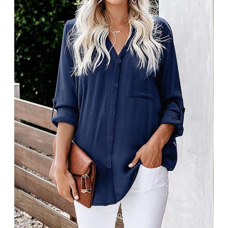 Women's Fashion Solid Color Long Sleeve Blouse Loose Shirt