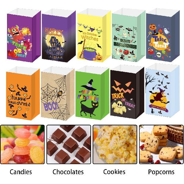 WOONOO 50PCS Halloween Treat Bags Candy Bags for Halloween Party, 10 Styles Paper Halloween Goodie Bags for Party Favors with 50PCS Stickers,