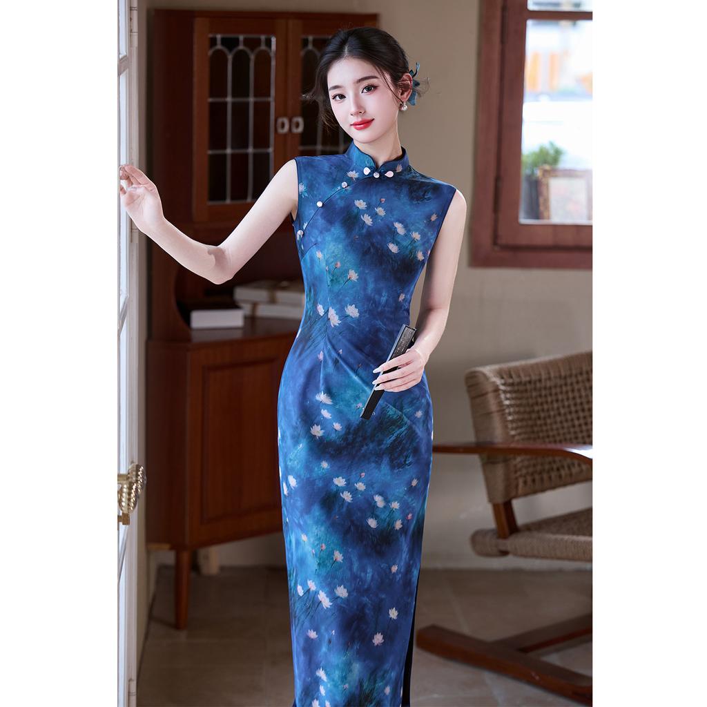 Modern style blue sleeveless improved cheongsam dress, young girl daily high slit slim slim dress