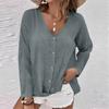 Women's Fashion Casual Solid Color V-Neck Live Button Long Sleeve T-Shirt Top