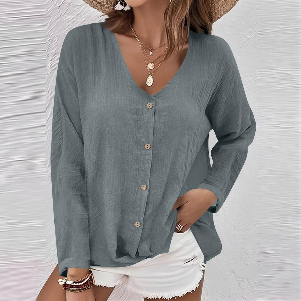 Women's Fashion Casual Solid Color V-Neck Live Button Long Sleeve T-Shirt Top