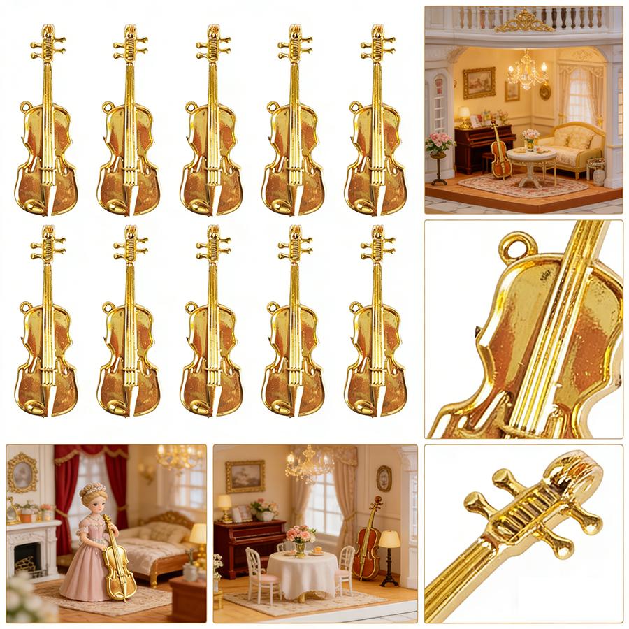 15pcs Gold Mini Violin Dollhouse Accessories Mini Musical Instrument Ornaments for DIY Crafts & Home Decoration