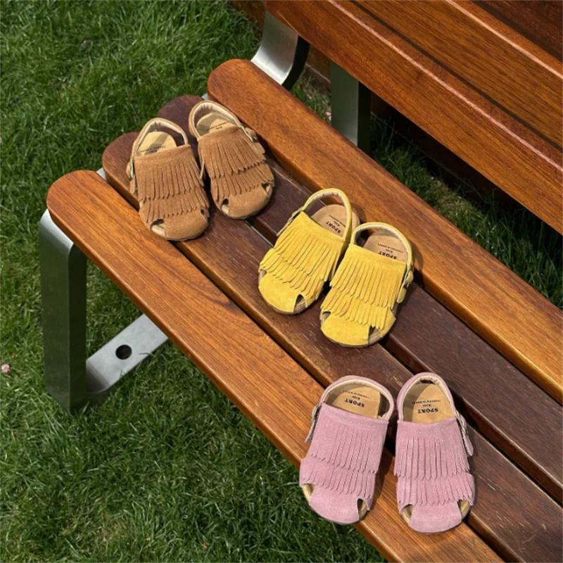Genuine Leather Summer Kids Sandals For Girls Tassels Closed Toe Kids Shoes Non-slip Fashion Toddler Children Beach Sandals