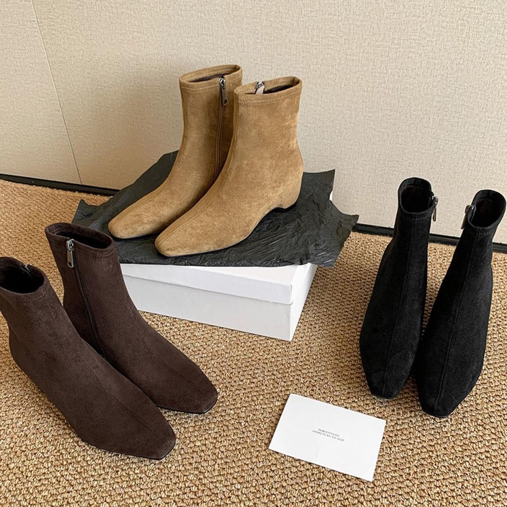 Invisible heightening short bare boots 2025 autumn and winter new retro temperament versatile square head rear zipper thin elastic boots