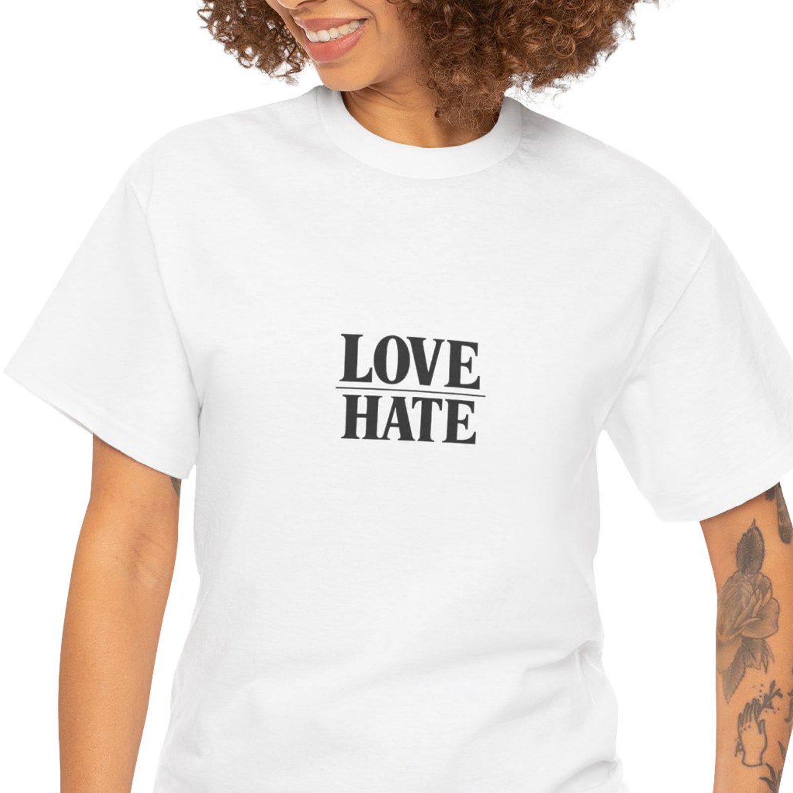 Love Hate minimalist text Tee | White graphic t-shirt, small chest print XL
