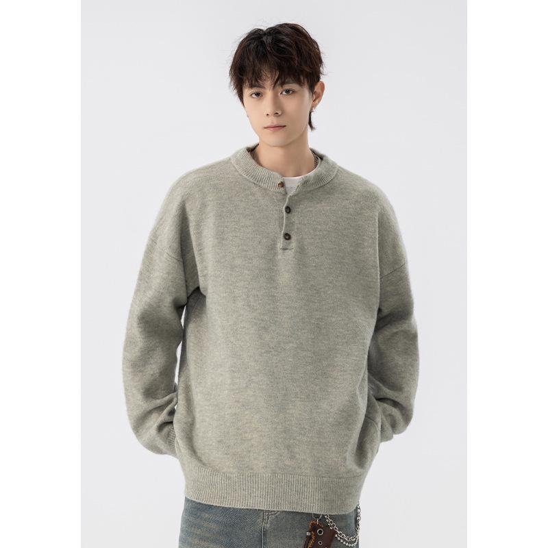 520g Men's Retro Henley Collar Heavyweight Sweater - Old Money Style, Casual Knit Hoodie, Plus Size, Autumn/Winter Wear