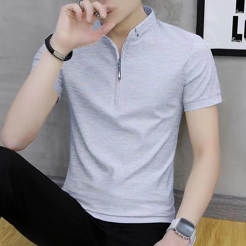 Summer Polo Shirt Half Zipper All-match Stand-up Collar Men Solid Color Large Size Comfortable Casual Undershirt Trend T-shirt