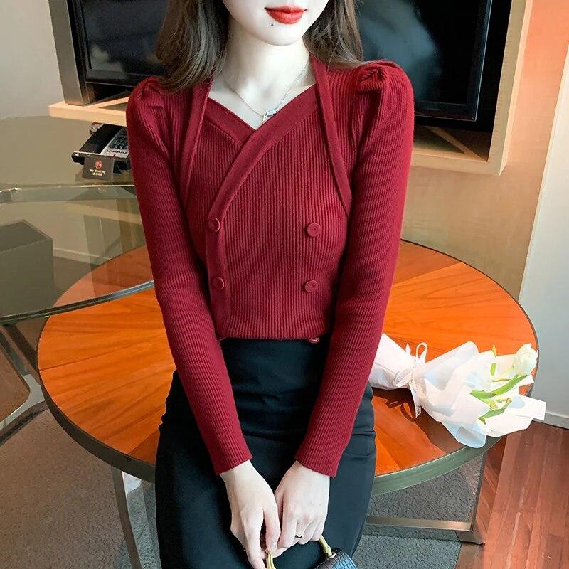 Rödrandig Långärmad O-hals Dam Tröjor Ull Bottom Tops Cardigan Jumper Stickad Tröja Dam Vinterkläder 29525