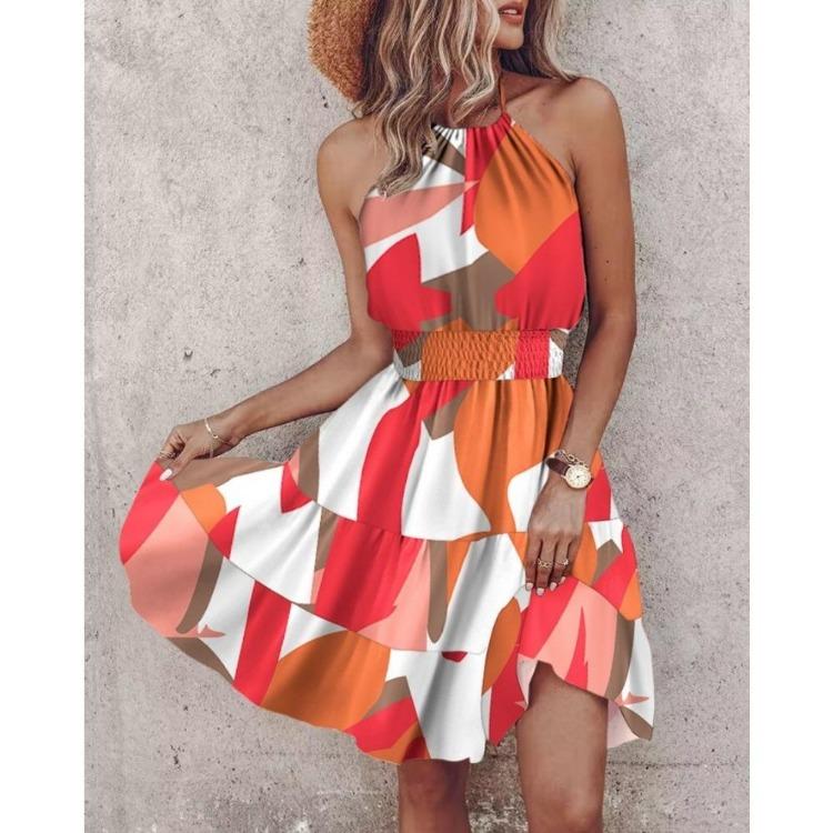 Sommermode Sexy Schulterfrei Neckholder Bedrucktes Midi-Kleid für Frauen Mädchen 2XL red