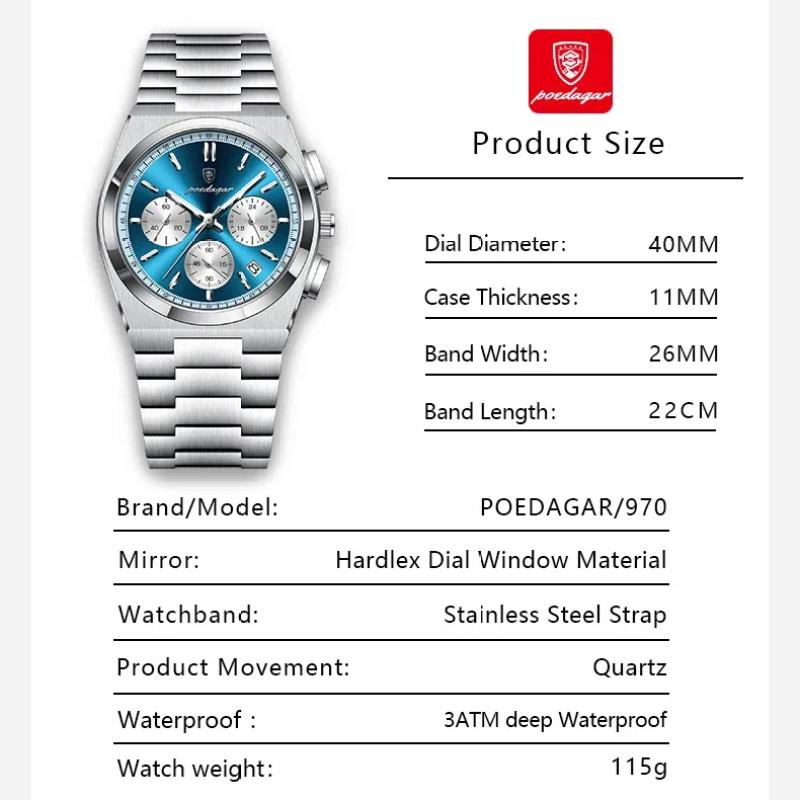 POEDAGAR Luxusní hodinky Quartz Sportovní vojenské hodinky pro muže Vodotěsné hodinky z nerezové oceli se světelným datem a chronografem
