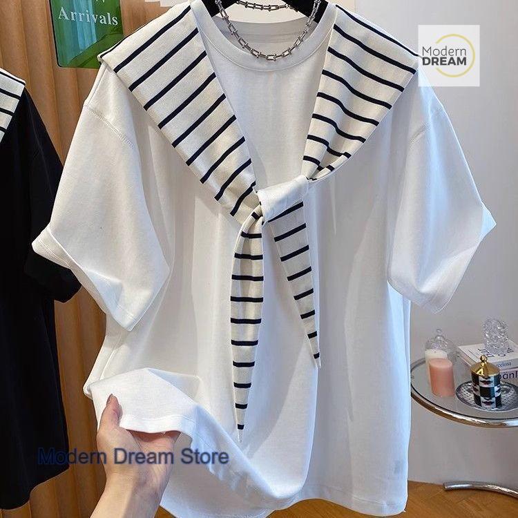 

Korean Plus-size Loose Striped Shawl Short-sleeved T-shirt Women s Summer New Fashion High-grade Casual Fake Two Tops S белый