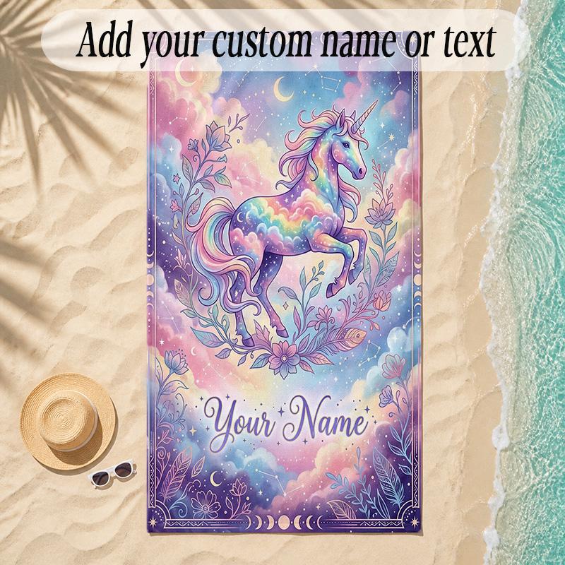 Unicorn Theme Soft Beach Towel Personalized Custom Name Text Towel Portable for Beach Pool Travel