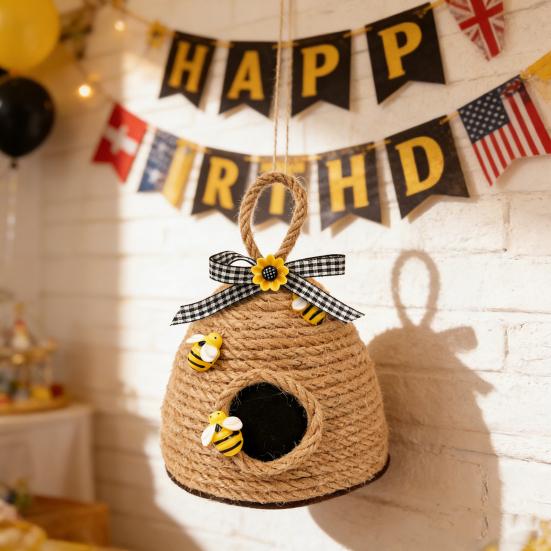 Woven Rope Bee Hive Hanging Ornament Handmade Rustic Pendant with Sunflower And Bowknot for Bedroom Living Room Farmhouse Spring Party Decor
