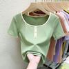 Women's Short-Sleeve Square Neck Spliced T-Shirt - Versatile Korean Style Summer Top
