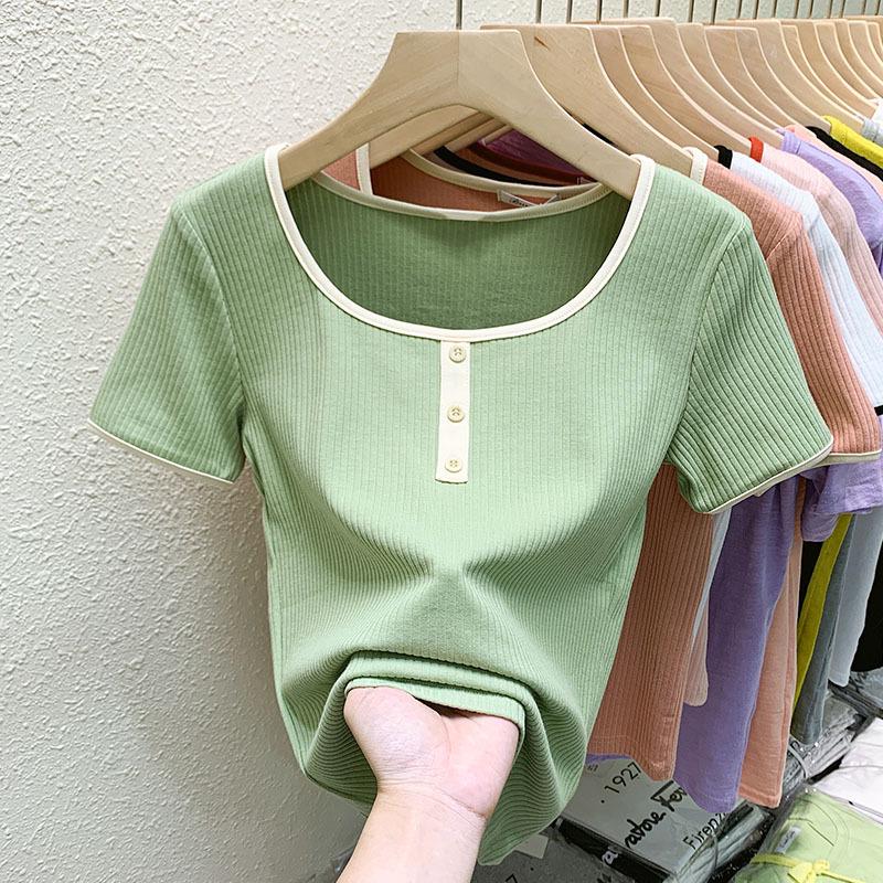 Women's Short-Sleeve Square Neck Spliced T-Shirt - Versatile Korean Style Summer Top
