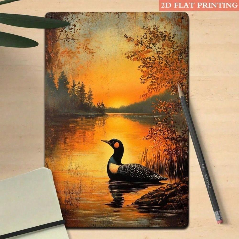 Vintage Lake Sunset Metal Poster Wall Art for Living Room