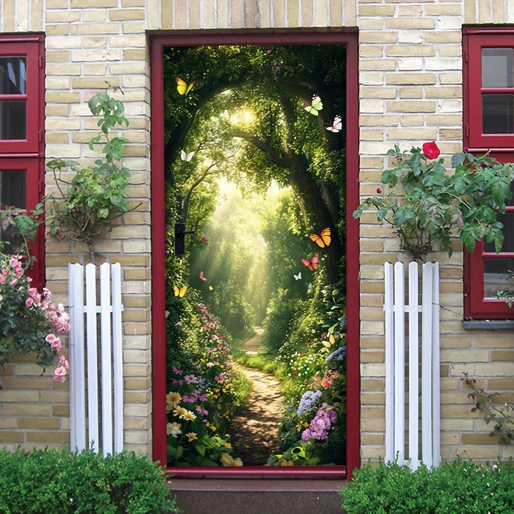 1pcs Dreamy Forest Trail Door Stickers, Sunshine Penetrating through the Forest, Butterfly Dancing, Self Adhesive Home Decoratio (as the picture,77x200cm)