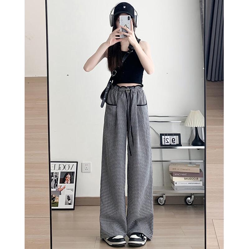 

TonLion Women s Plaid High-Waist Wide-Leg Pants L