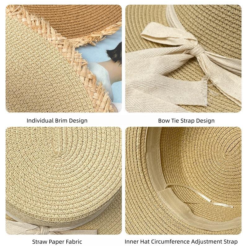 Wide-brimmed Sun Hat Women Summer French-Style Flat-Topped Straw Hat Women's Beach Sun Hat Woven Sun Hat for Beach Protection