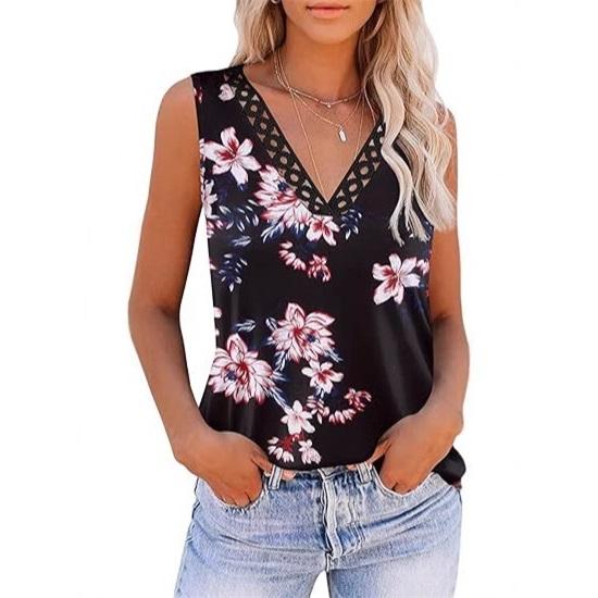 Women's summer casual sleeveless V-neck printed lace vest