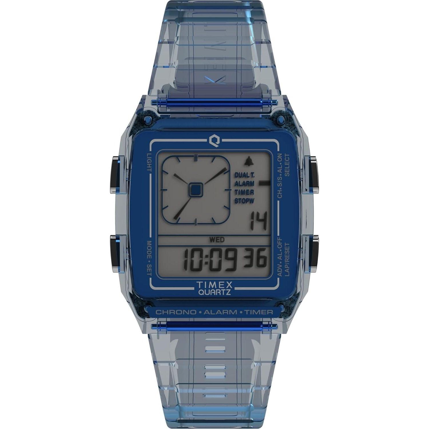 Timex Unisex Q LCA 35mm Watch - Gray Strap Digital Dial Case Blue Sports.