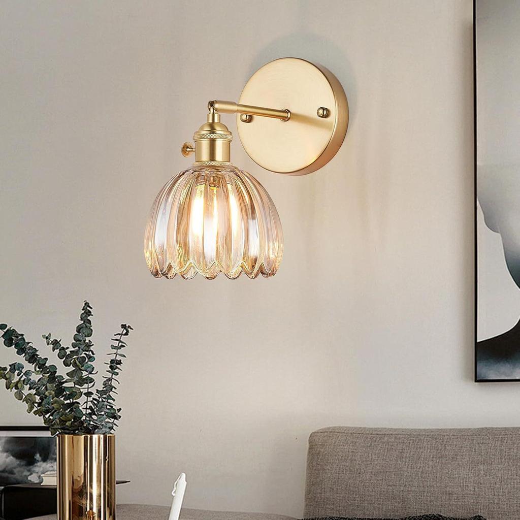 Retro Japanese Copper Amber Glass Wall Lamp - Modern for Bedroom or Entryway.