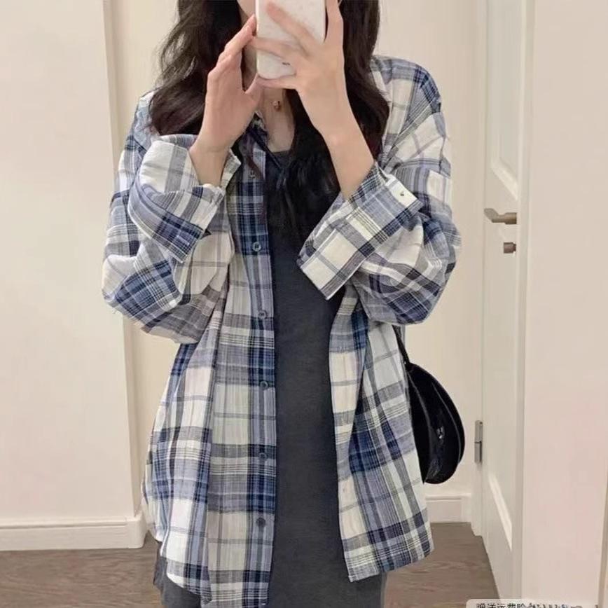 

Women s Retro Blue Plaid Long Sleeve Sun Protection Polo Shirt Jacket L