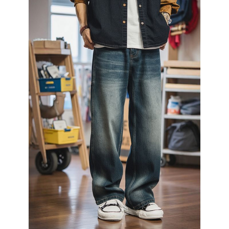 American Retro Heavy-Duty Washed Vintage Wide-Leg Jeans for Men, Spring and Autumn Pants, Foreign Trade Men's Loose Casual Long Pants