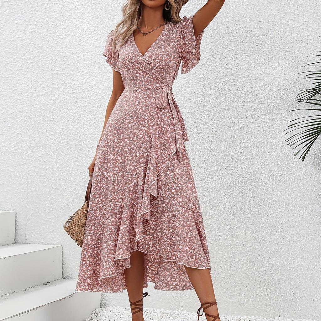 Women's V-Neck Waisted Floral Short Sleeve Dresses