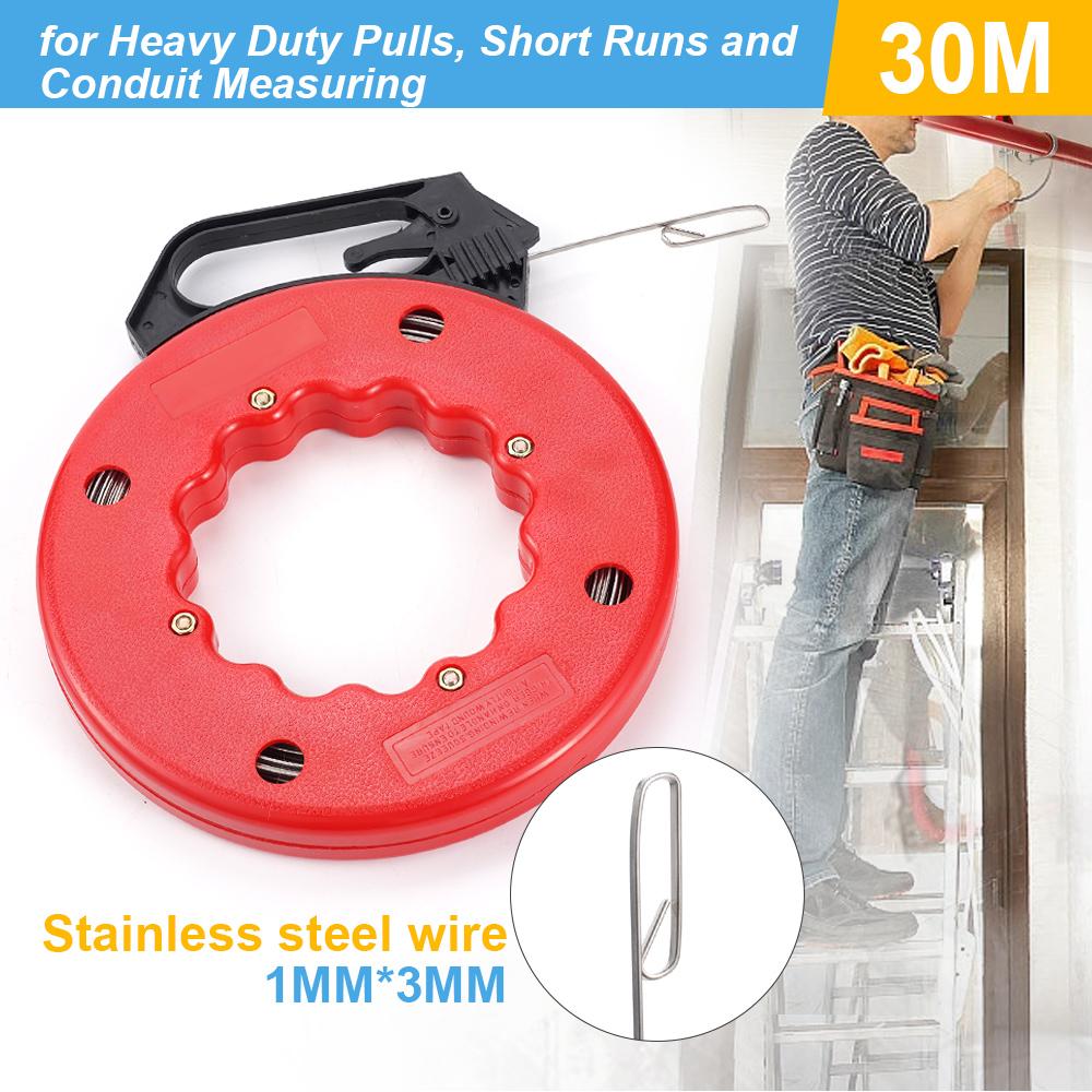 30M 3mm Flat Head Fish Tape Spring Steel Electrical Wire Puller Cable Threader Electrician Wiring Tool Red Plastic Case