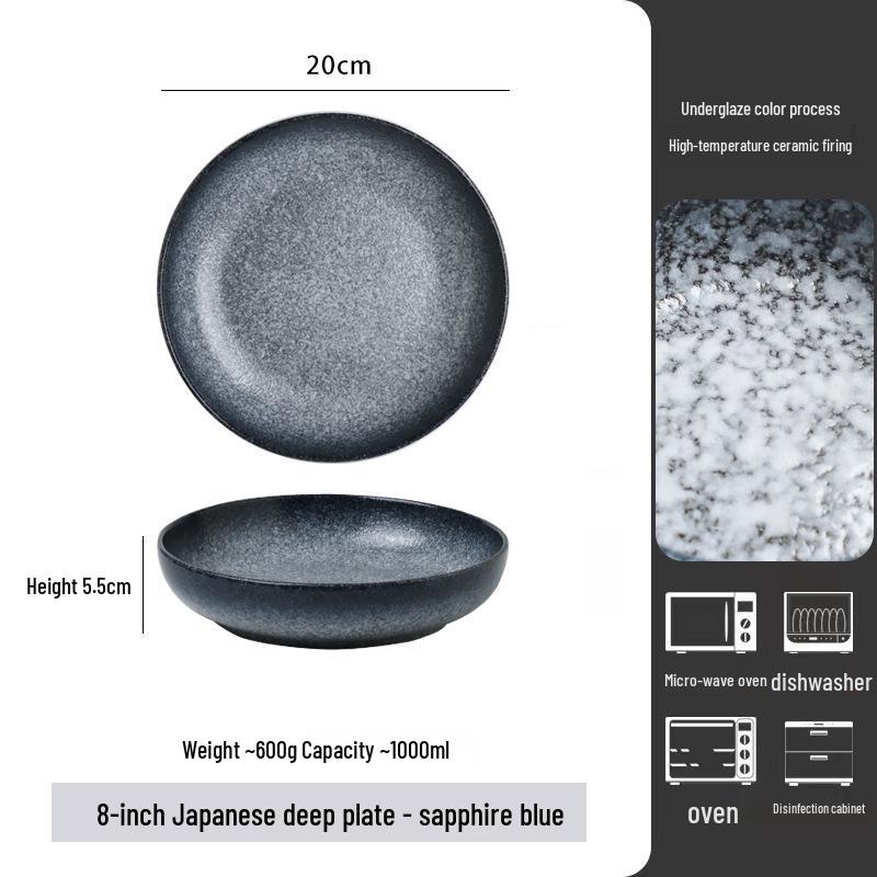 Japanese-Style Retro Deep Underglaze Ceramic Plates & Bowls Set: Dinner, Soup, Noodle, Salad