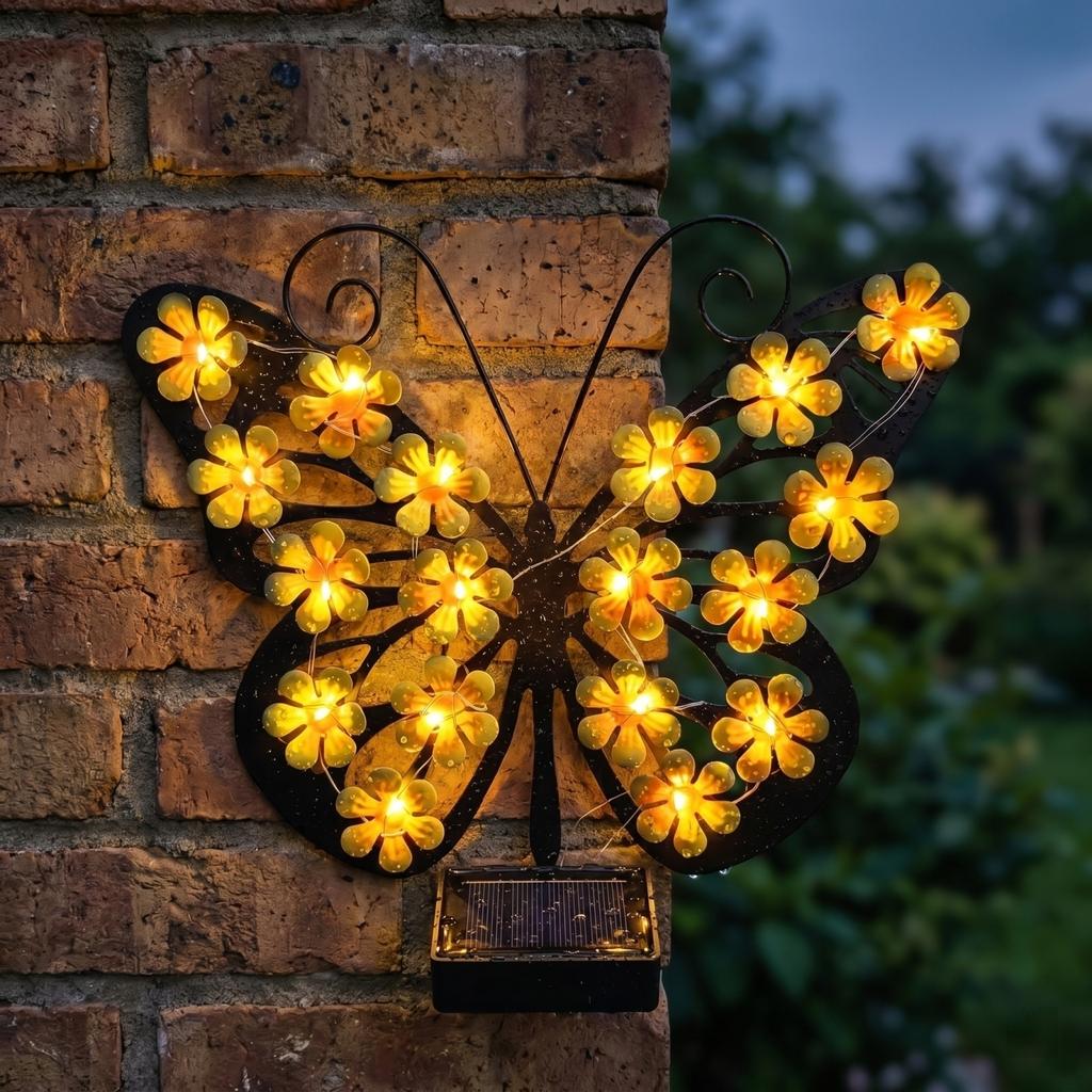 Solar Powered Outdoor Waterproof Butterfly Wall Light Decorative Metal Flower Design for Garden Patio Yard Fence Pathway