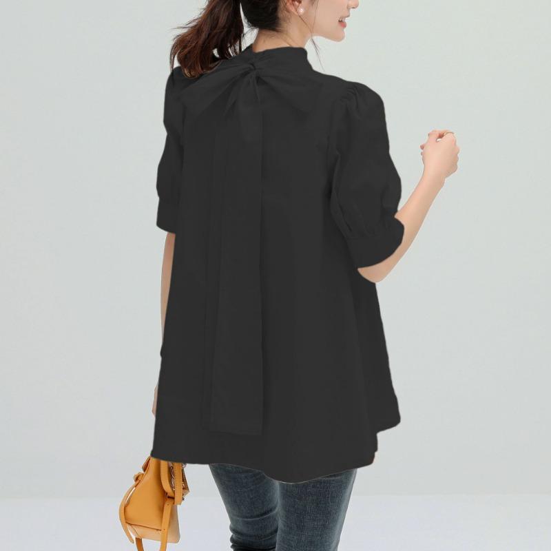 

Lotte Japan Korea весна-лето однотонная блузка со шнуровкой и средним рукавом, полувысокая горловина рубашка для женщин L чёрный